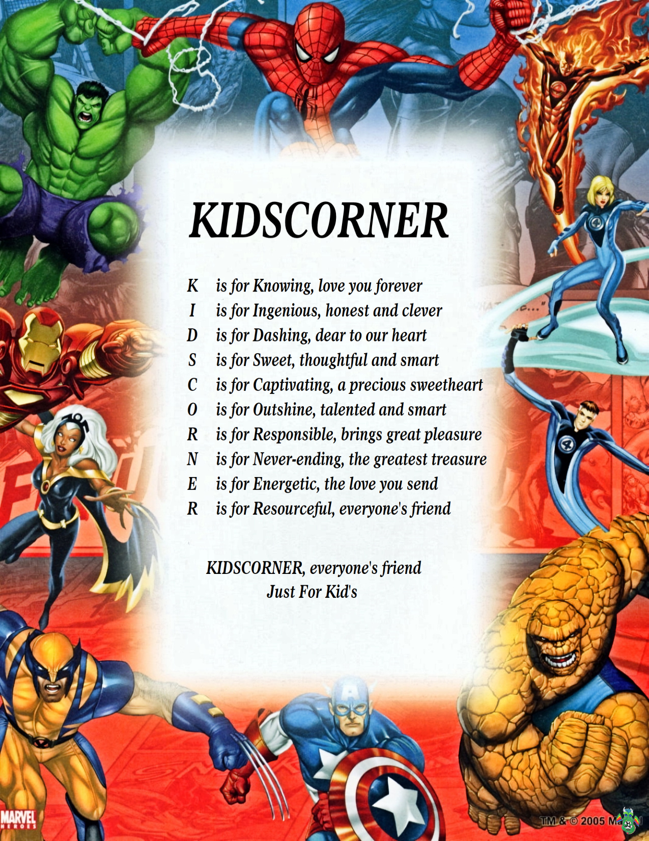 Kid's Corner Marvel Heroes Child Name Poem